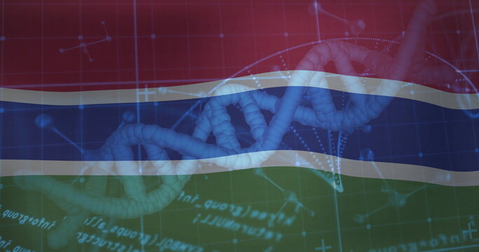 Naklejki Weaving DNA double helix through flag stripes in graphic design, with molecular models