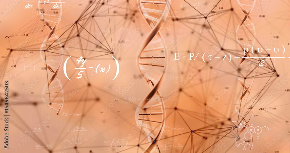 Poster displaying central dna helix intertwining on peach gradient with digital nodes, links and formulas