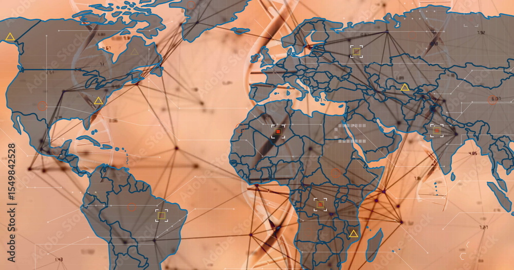 Poster displaying world map overlay connecting nodes at interface, with dna helix and numeric grid lines