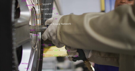 Operating mechanic's gloved hands gripping impact wrench on lug nuts at auto garage, code overlay