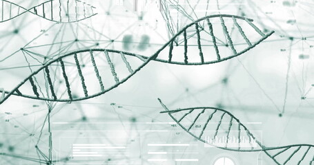 Stylized DNA double helix models floating in data interface, with network nodes and numeric labels