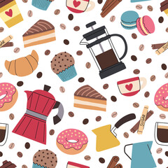 Coffee brewing accessories and sweets cartoon seamless pattern. Geyser coffee maker, cup, French press, croissant and other sweets. Seamless background.