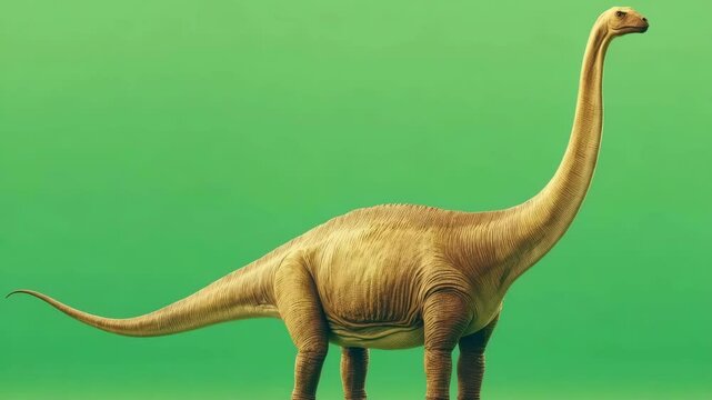 Graceful brachiosaurus stride against vivid green background in timelapse