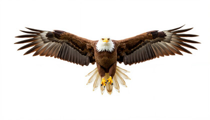 Obraz premium Bald eagle flying with wings spread wide against white background 