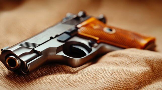 An artistic close-up photograph of a modern handgun set against a textured background showcases craftsmanship and design, provoking discussions about safety and responsibility.