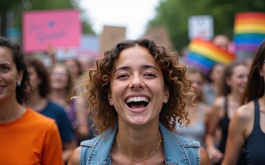 LGBTQ activists marching in a pride parade, joyful expressions, colorful banners, energy of protest and celebration, unity theme. High quality