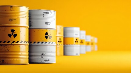 White background with yellow and black barrels marked for radioactive waste storage.