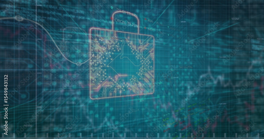 Poster floating padlock icon hovering over teal grid interface, showcasing circuit traces and data streams