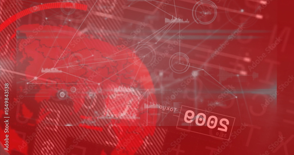 Poster rendering red globe with network lines and nodes on data panel, displaying waveforms inverted 2003