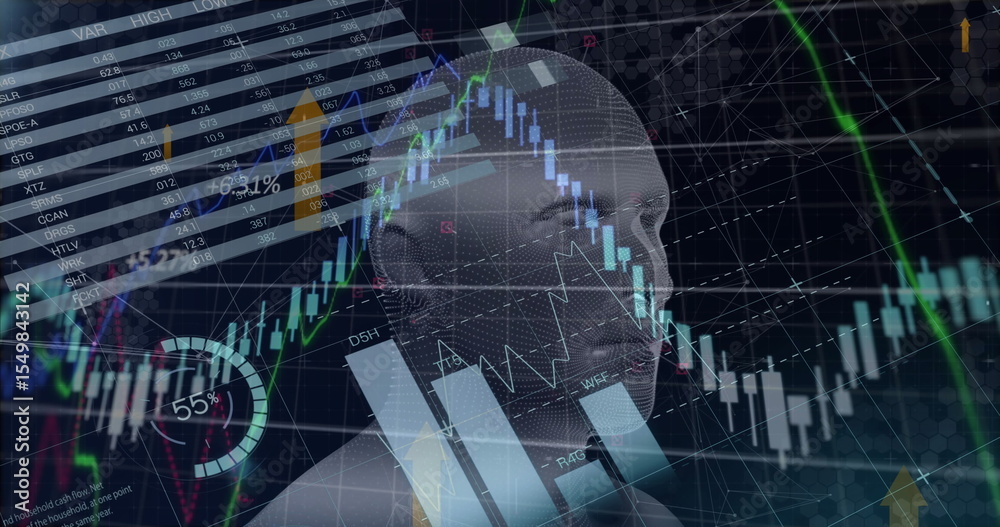 Poster displaying wireframe head hovering above dashboard, showing candlestick charts and network lines