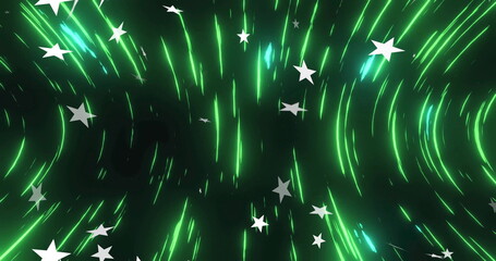 Swirling neon green light streaks radiating inward on digital backdrop, with white star shapes