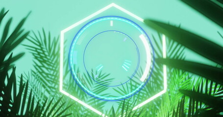 Obraz premium Animating hexagon and circular HUD rotating in virtual environment, with palm and fern silhouettes