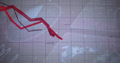 Displaying stylized red trend line descending across digital dashboard, with grid overlay