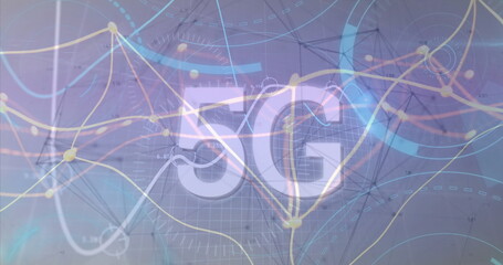 Displaying 5G label overlaying grid with glowing nodes, colorful lines and interface graphics