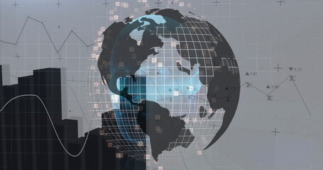 Spinning stylized globe drifting in digital abstract backdrop, with data-node icons and bar charts