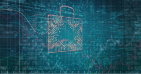 Floating padlock icon hovering over teal grid interface, showcasing circuit traces and data streams