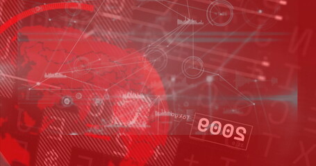 Rendering red globe with network lines and nodes on data panel, displaying waveforms inverted 2003