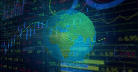 Floating globe rotating within trading dashboard, with fingerprint swirl projection and market data