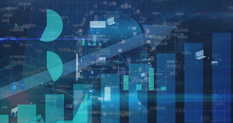 Displaying data visualization interface on virtual dashboard, with bar charts and line graph