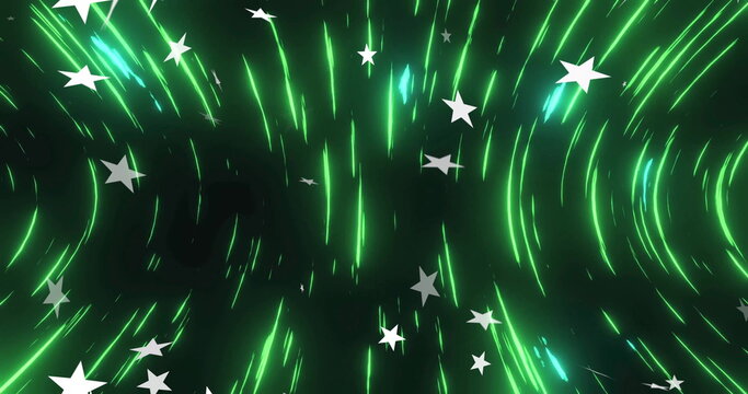Swirling neon green light streaks radiating inward on digital backdrop, with white star shapes - Powered by Adobe