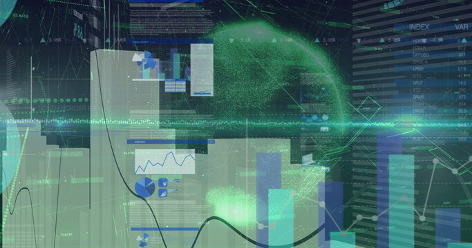 Green particle sphere pulsing in grid workspace, with UI panels, charts, data streams and tables