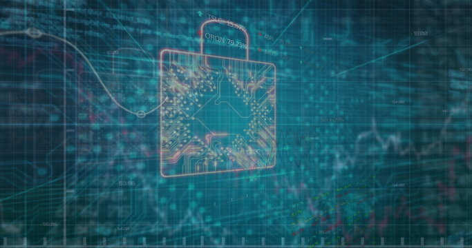 Floating padlock icon hovering over teal grid interface, showcasing circuit traces and data streams