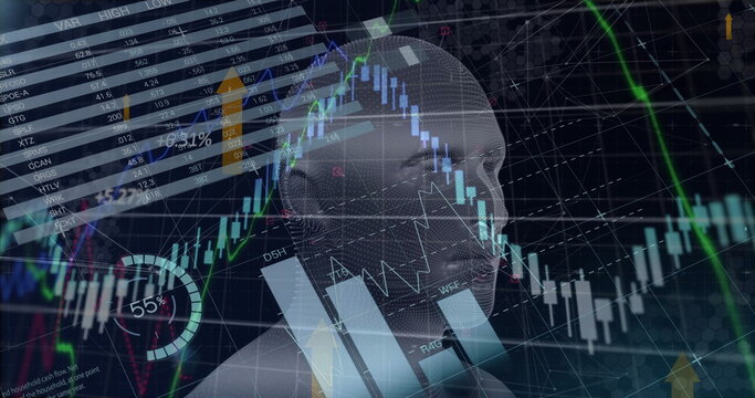 Displaying wireframe head hovering above dashboard, showing candlestick charts and network lines