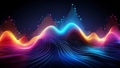 sound wave art background and neon wallpaper with abstract patterns frequency flow and technology colorful design glowing dots and creative motion with texture swirl and futuristic connection