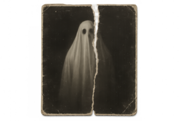 Creepy old photograph of a ghost, ripped in half, isolated on transparent background, perfect for halloween projects