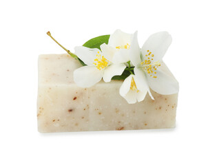 Soap bar and jasmine flowers isolated on white