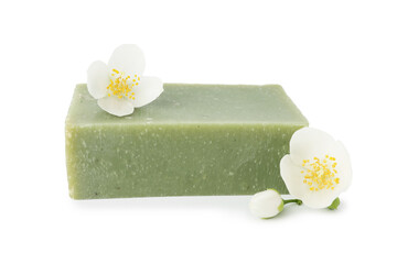 Soap bar and jasmine flowers isolated on white