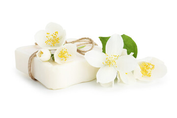 Soap bar and jasmine flowers isolated on white
