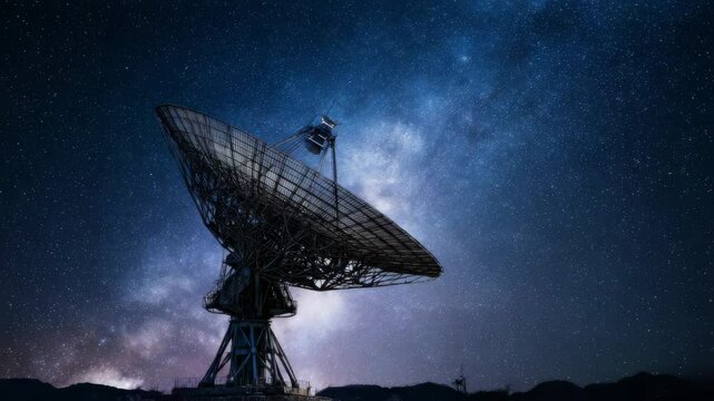 Giant radio telescope observing the night sky with stunning milky way backdrop