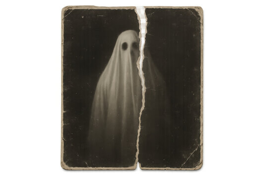 Creepy old photograph of a ghost, ripped in half, isolated on transparent background, perfect for halloween projects