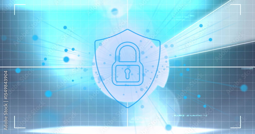 Poster Displaying shield projecting on grid interface with padlock icon, light rays and floating nodes