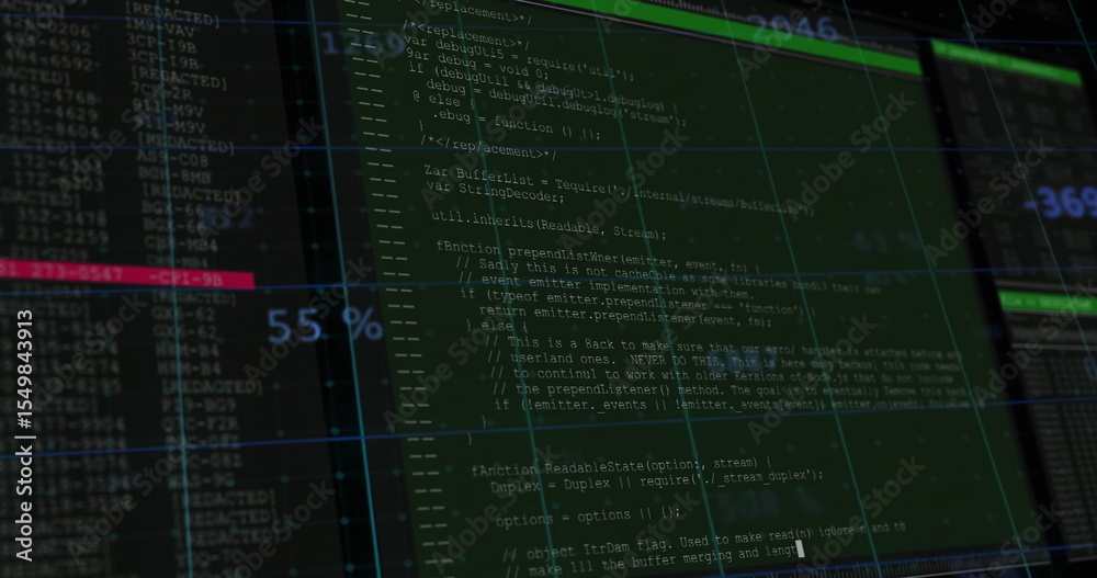 Poster displaying overlapping code and console windows at developer workstation, with 55% progress overlay