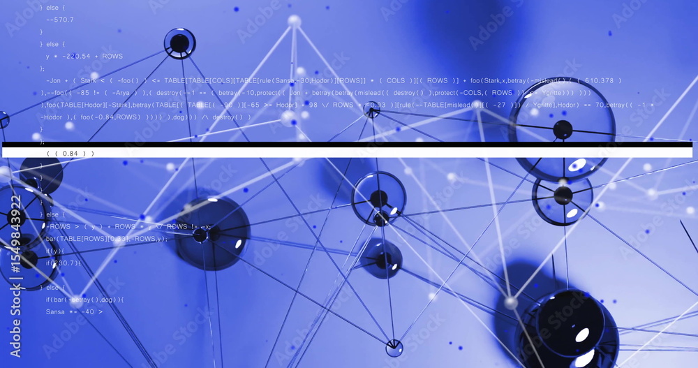 Poster displaying black and translucent spheres linked by lines in blue gradient space, with code overlay