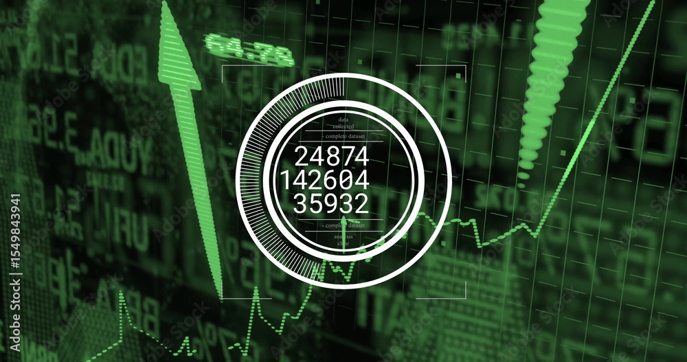 Poster displaying circular hud overlay showing key numbers on trading dashboard, emphasizing upward arrow