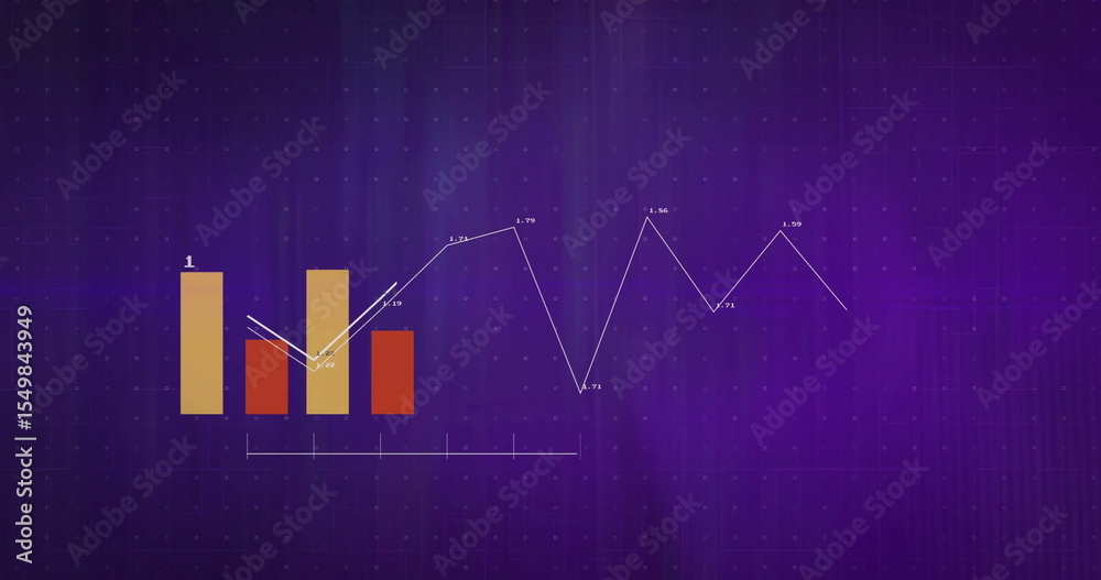 Poster displaying bar and line charts on purple gradient grid, showing bracketed axis and yellow, red bars