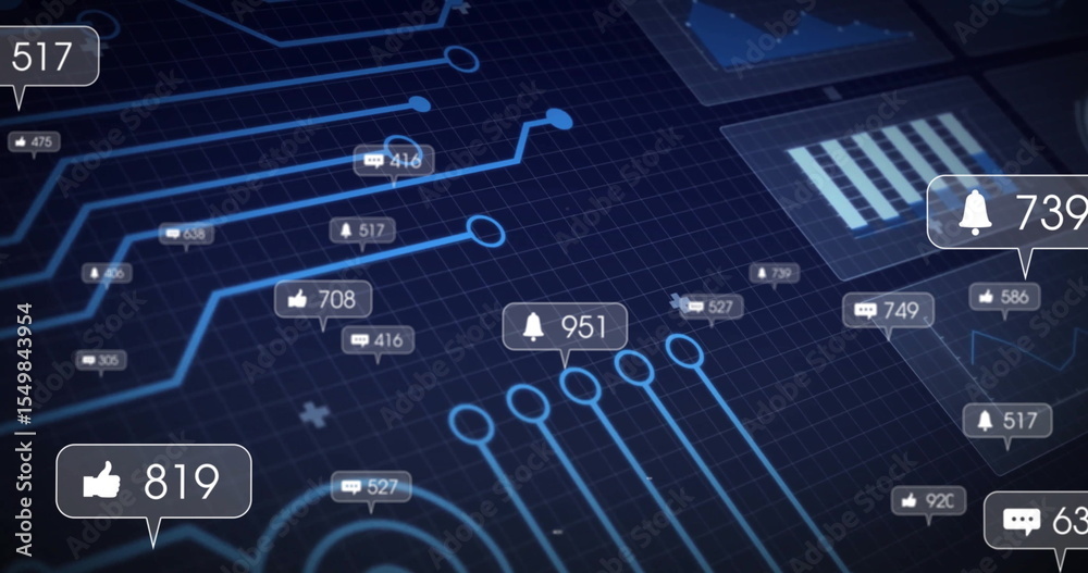 Poster floating bell notification bubble hovering over grid, with glowing nodes, numeric badge
