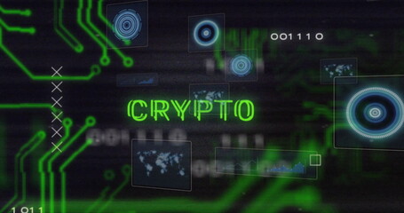 Glowing CRYPTO text dominating cyber dashboard showing neon circuits, HUD panels, binary code