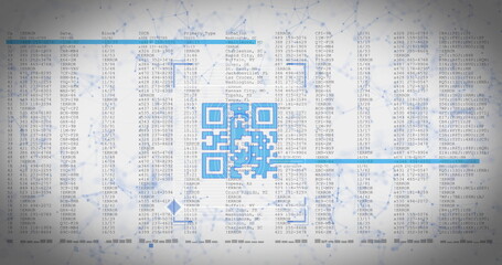 Displaying bright blue QR code overlaying translucent data columns in abstract network graphic