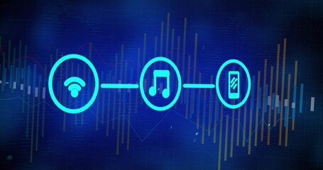 Showing glowing teal icon circles on digital data dashboard, with WiFi music smartphone symbols