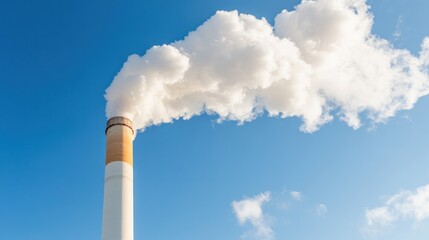 Industrial smokestack releasing white smoke against a clear blue sky, symbolizing environmental issues and pollution.