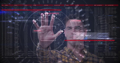 Scanning technician wearing plaid shirt using touchscreen UI in control room, with biometric UI