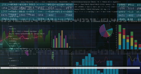 Displaying dashboard combining code with bar, pie and line charts on computer UI with overlays