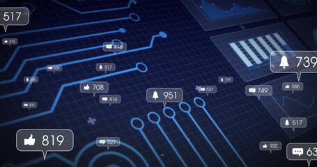 Floating bell notification bubble hovering over grid, with glowing nodes, numeric badge