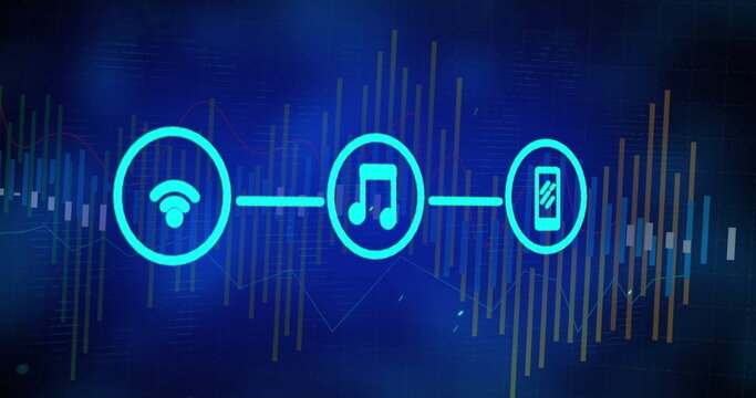 Showing glowing teal icon circles on digital data dashboard, with WiFi music smartphone symbols