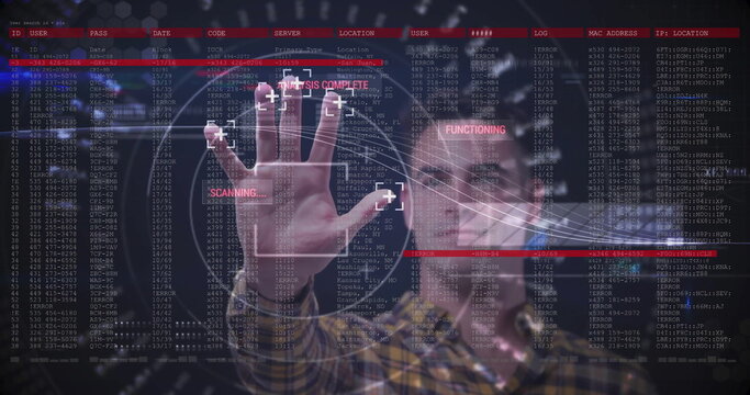 Scanning technician wearing plaid shirt using touchscreen UI in control room, with biometric UI - Powered by Adobe