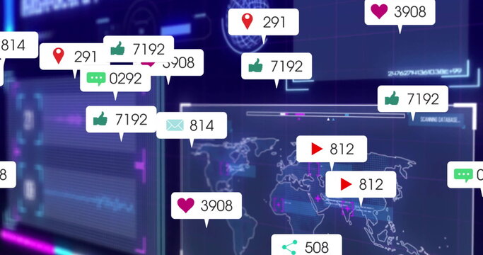 Displaying floating notification icons over dashboard, with numeric counters, world map and graphs - Powered by Adobe
